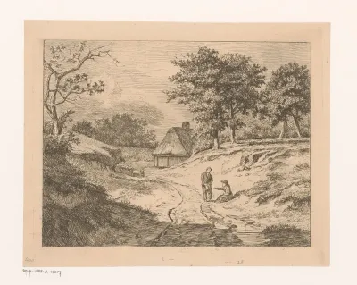Landschap met persoon die een ander de weg wijst