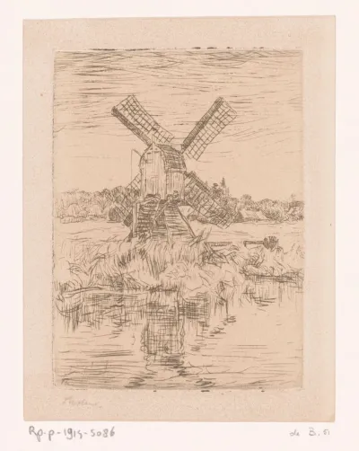 Landschap met plas en molen