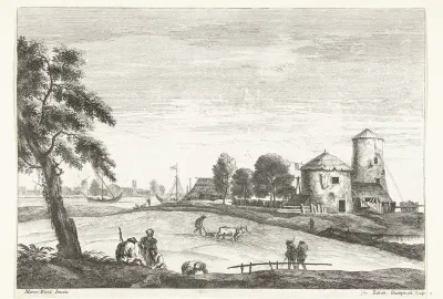Landschap met ploegende boer bij boerderij