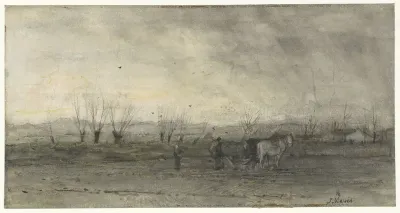 Landschap met ploegende boer