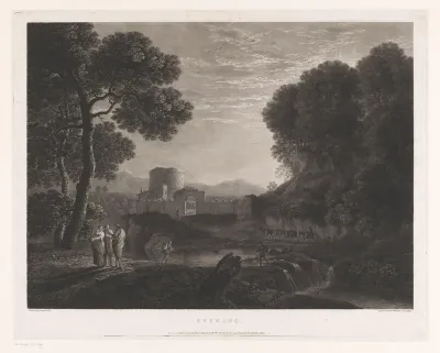 Landschap met poort en toren aan de oever van een rivier