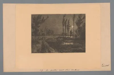 Landschap met populieren in maanlicht en figuren rondom een vuur