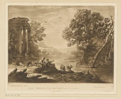 Landschap met portico en rustende herders met vee aan rivieroever
