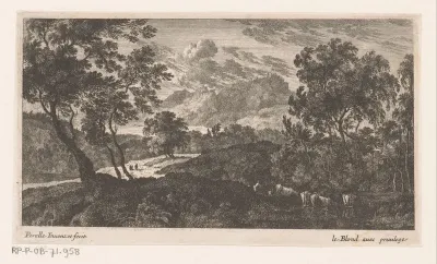 Landschap met rechts drinkende runderen