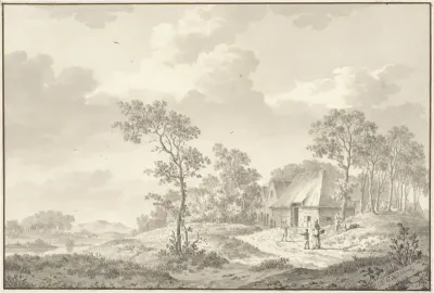 Landschap met rechts een dorpsstraat en verschillende personen