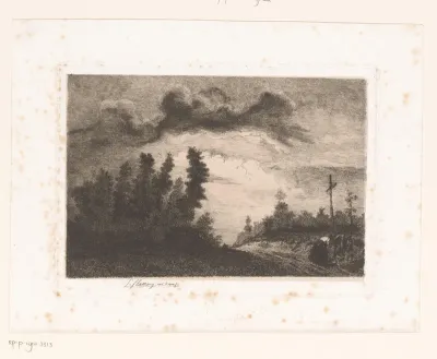 Landschap met rechts een kruis waarvoor een vrouw het hoofd buigt
