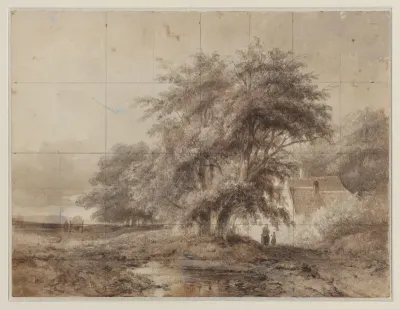 Landschap met rechts onder de bomen een boerderij, met een vrouw en een kind ervoor