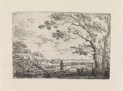 Landschap met rechts twee bomen