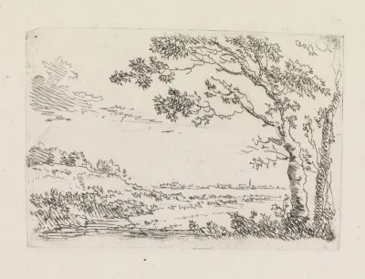 Landschap met rechts twee bomen
