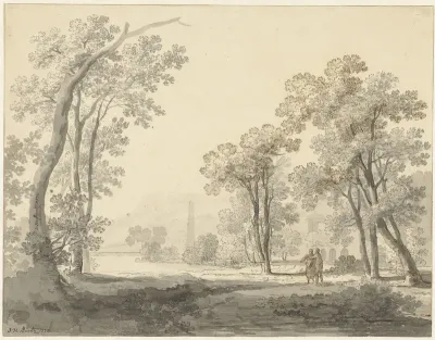 Landschap met rechts twee figuren