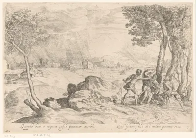 Landschap met rechts twee rovers die een oude man aanvallen