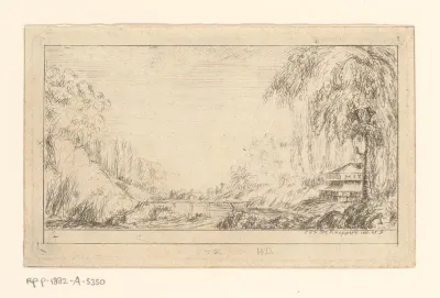 Landschap met rechts van een brug een graftombe