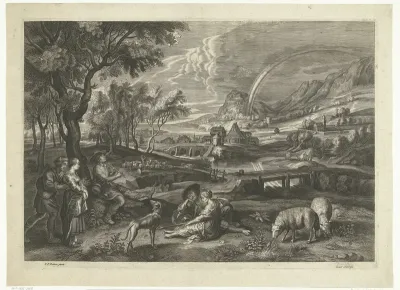Landschap met regenboog en herders