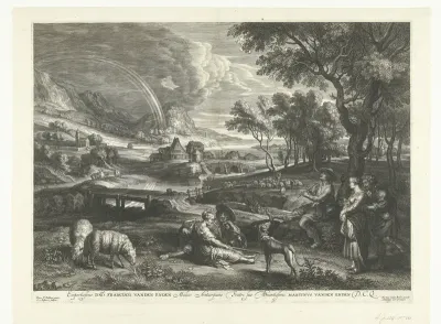 Landschap met regenboog en herders