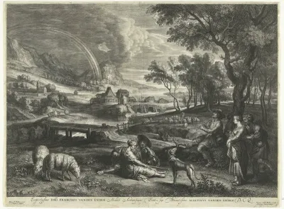 Landschap met regenboog en herders