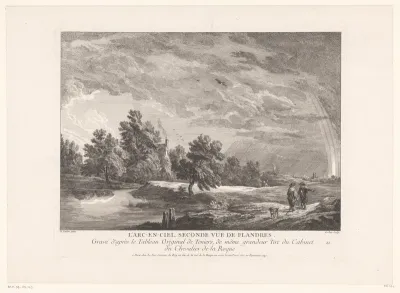 Landschap met regenboog en twee mannen op een pad