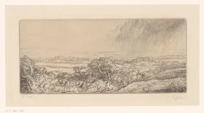 Landschap met regenwolken en twee bukkende figuren