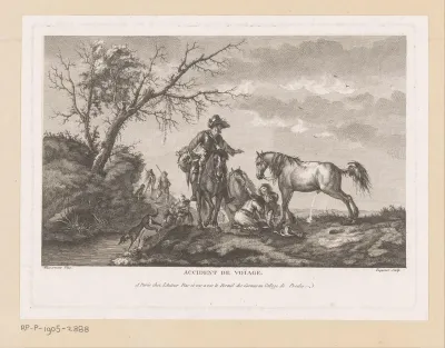 Landschap met reizend gezelschap en urinerend paard
