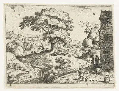 Landschap met reiziger bij herberg