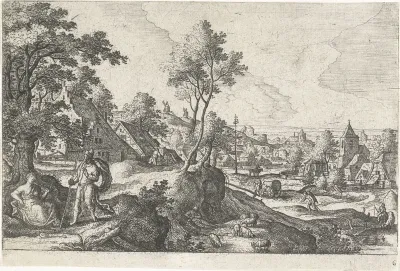 Landschap met reiziger en rustende vrouw