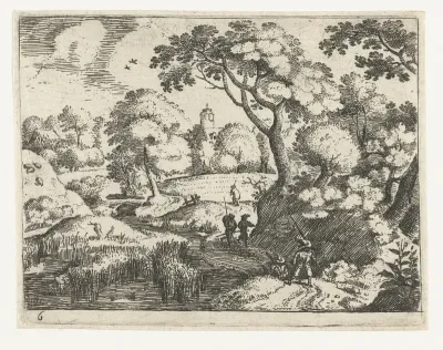 Landschap met reiziger en soldaten