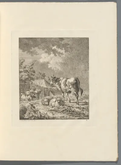 Landschap met reiziger met ezels en vee