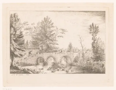 Landschap met reiziger op een brug over een rivier