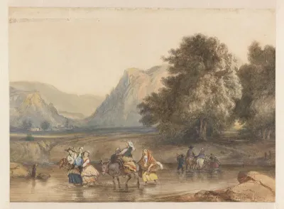 Landschap met reizigers die door het water lopen