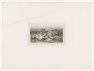 Landschap met reizigers, een molen in de achtergrond