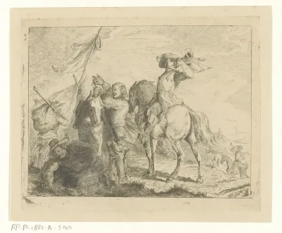 Landschap met reizigers en ruiters