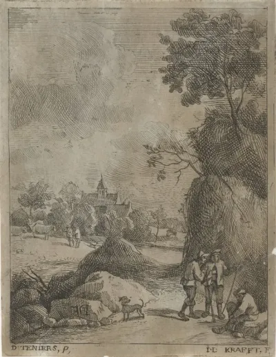 Landschap met reizigers en twee herders