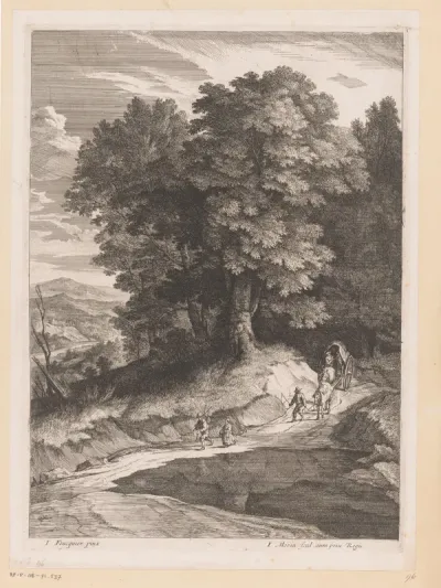 Landschap met reizigers met een kar op een pad