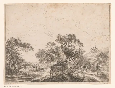 Landschap met reizigers met paard en wagen