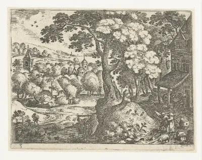 Landschap met reizigers nabij herberg