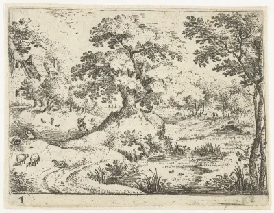 Landschap met reizigers nabij huizen