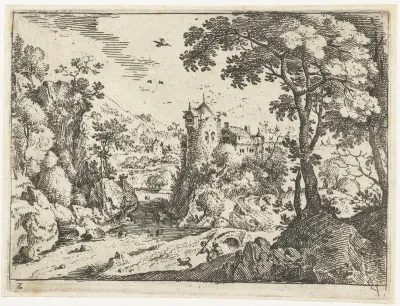 Landschap met reizigers nabij kasteel