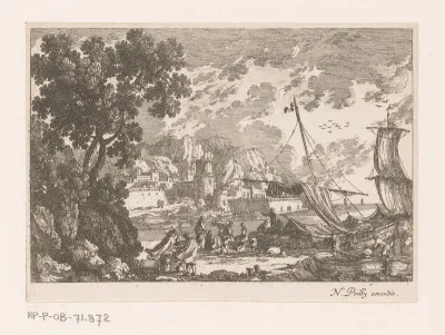 Landschap met reizigers op kade