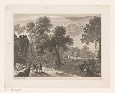 Landschap met reizigers op pad langs rotspartij