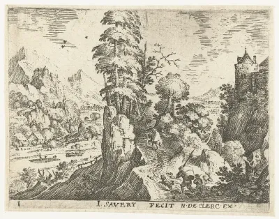 Landschap met reizigers op steile rots