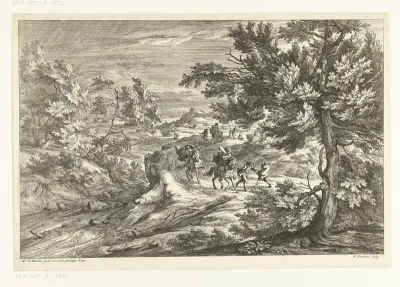 Landschap met reizigers verrast door onweer