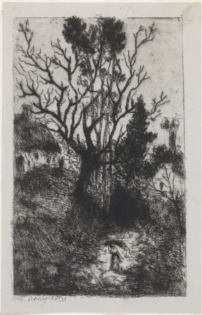 Landschap met rietgedekt huis en wandelende figuur