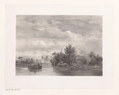 Landschap met rivier, boten en huizen