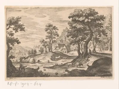 Landschap met rivier, dorp en kasteel