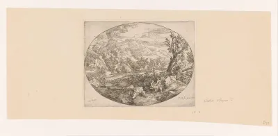 Landschap met rivier en baders