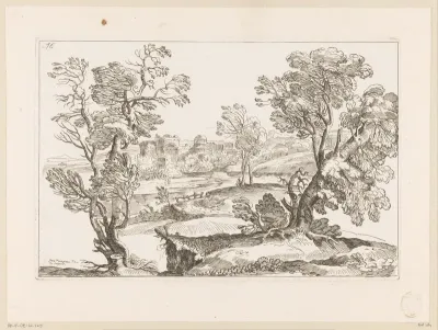 Landschap met rivier en bomen, met op achtergrond een vestingstad