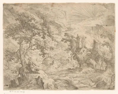 Landschap met rivier en bouwsel op rots