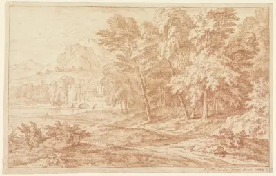 Landschap met rivier en brug met ronde toren