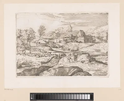 Landschap met rivier en cascade op de voorgrond