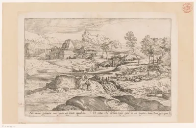 Landschap met rivier en cascade op de voorgrond