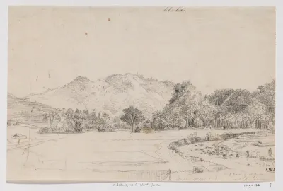 Landschap met rivier en dorp (Leuwibatu), West-Java
